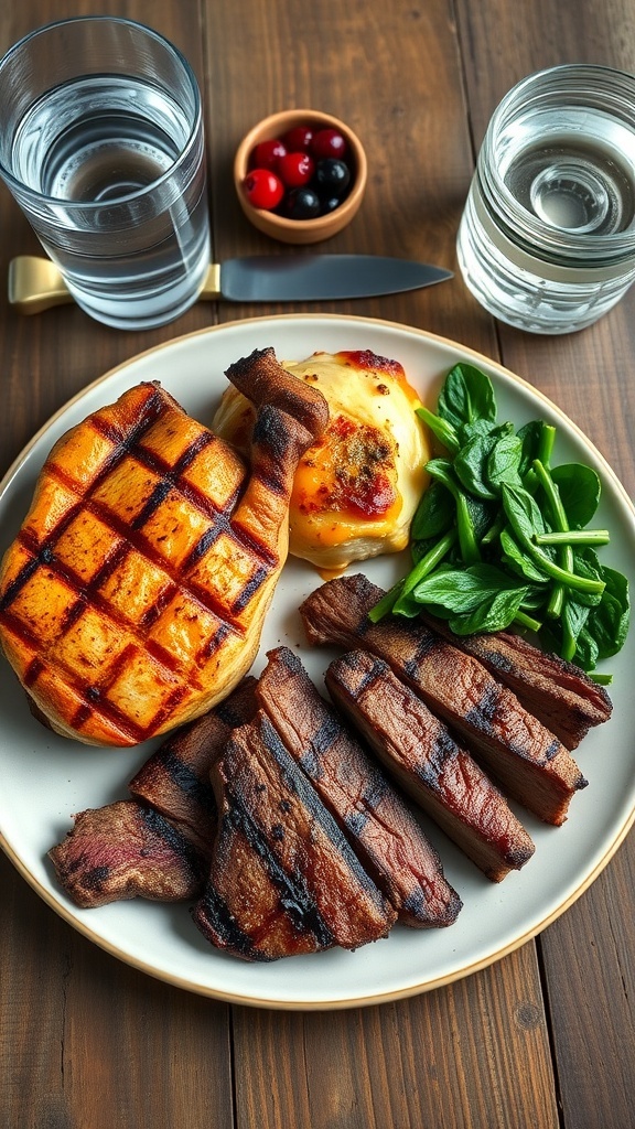 80/20 Carnivore Diet Guide A colorful plate of grilled steak, roasted chicken, sautéed spinach, and a bowl of berries on a wooden table.